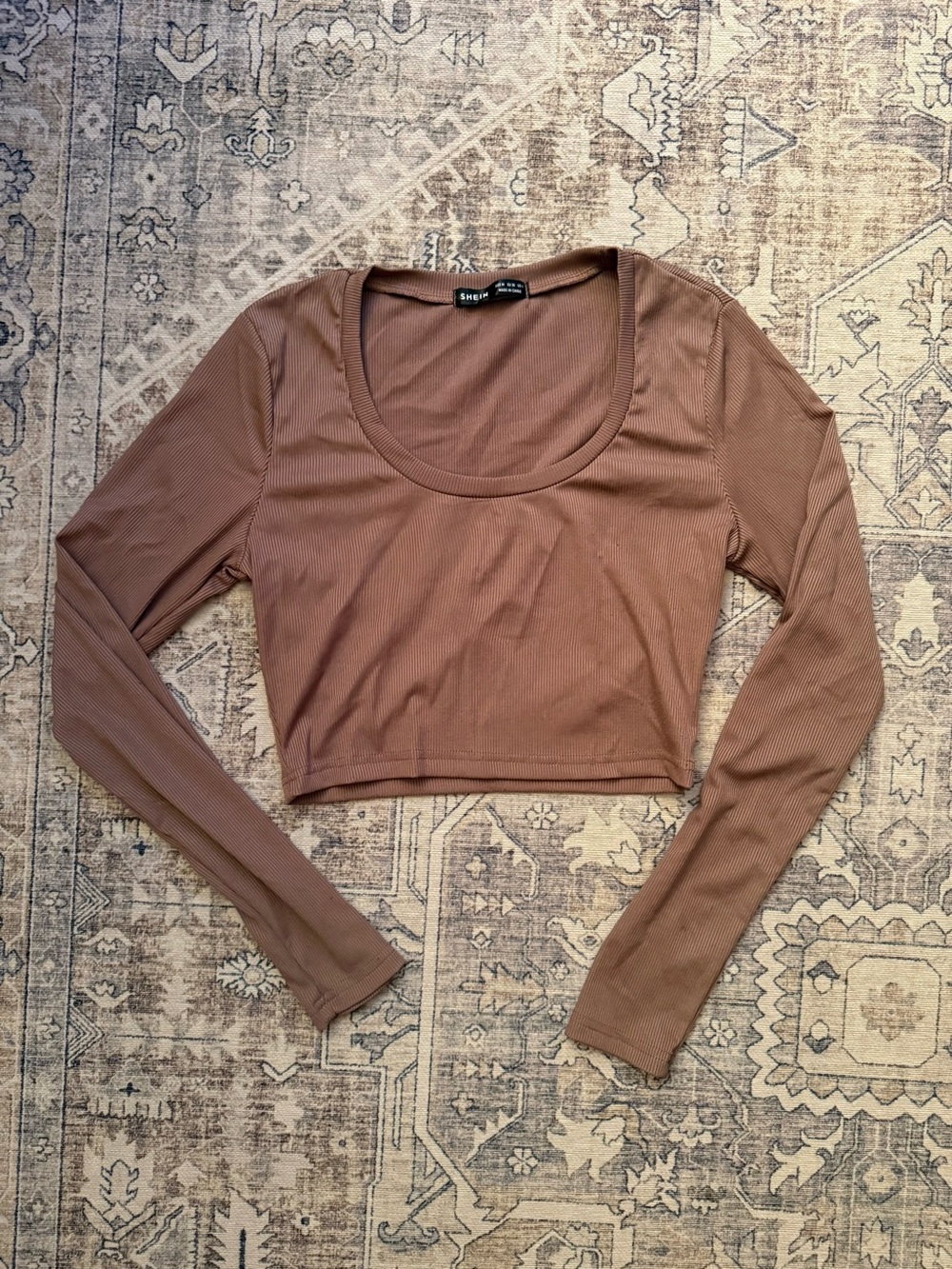 SHEIN Ribbed Long Sleeve Scoop Neck Crop Top in Brown